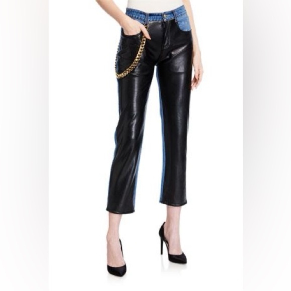 Jonathan Simkhai River High Rise Straight Jeans Black Vegan Leather Edgy Blue 28 - Picture 5 of 10